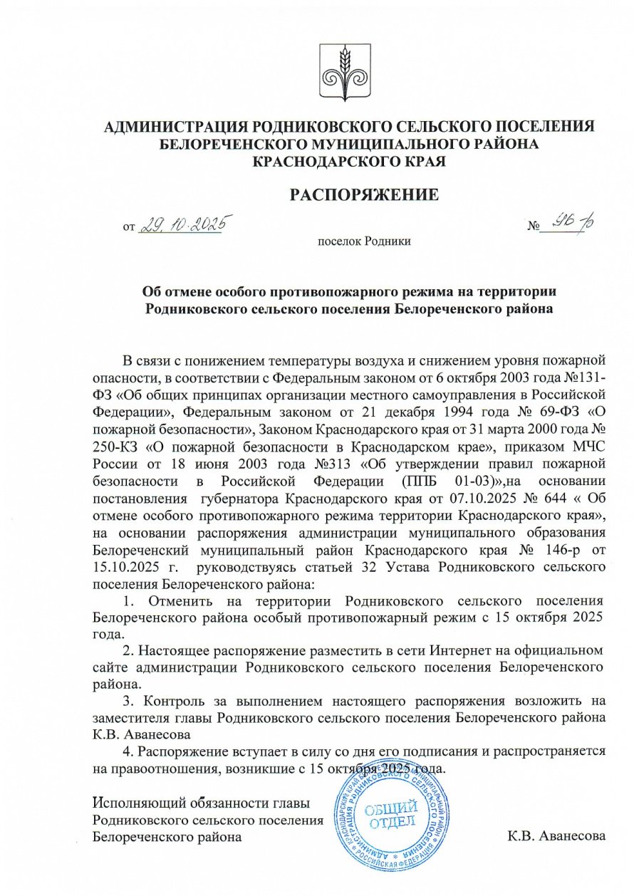 Распоряжение №96-р от 29.10.2025